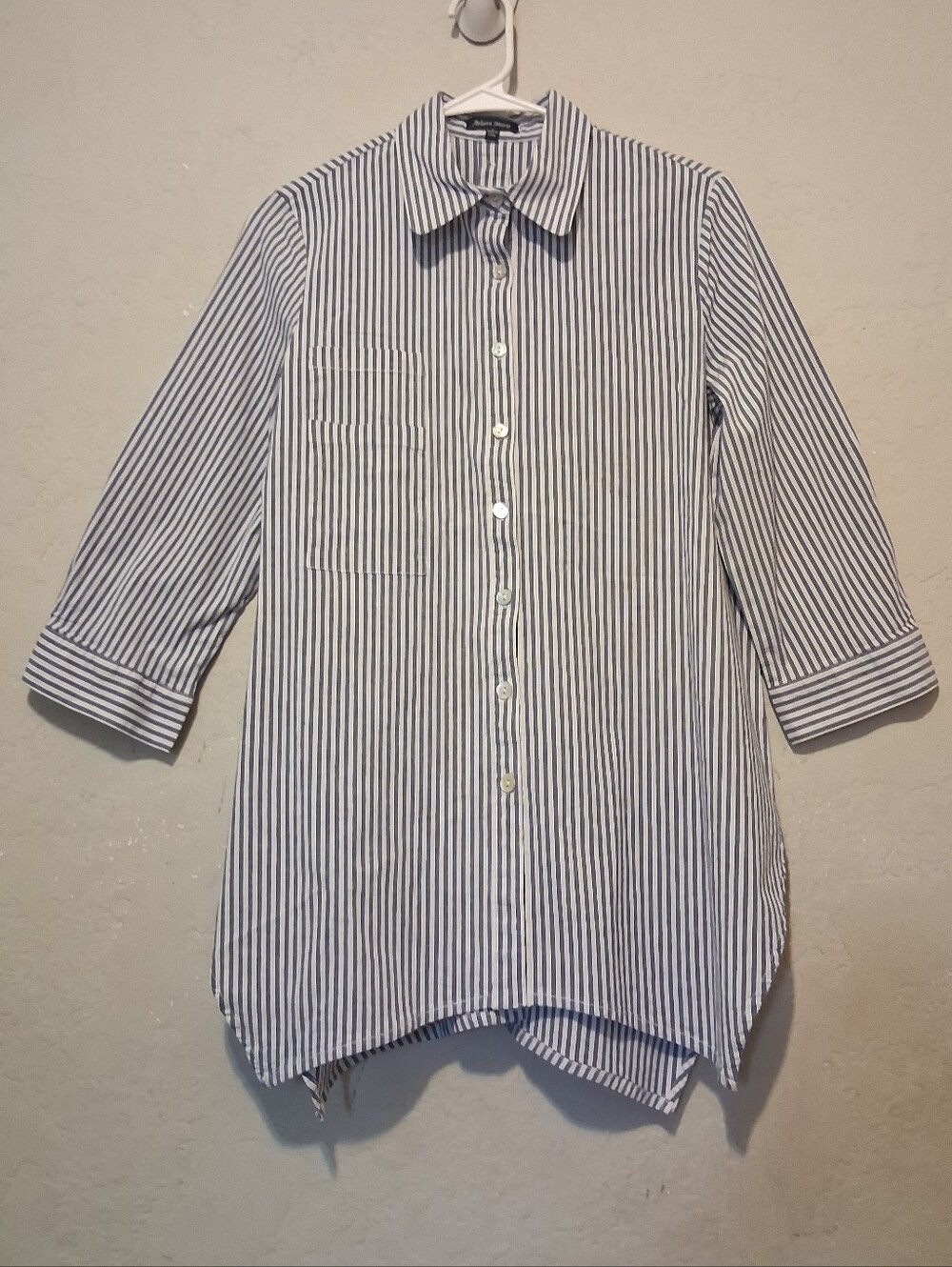 Athena Marie Striped Tunic 3/4 Sleeve Button FrontCotton Shirt Women Blue/Whit L